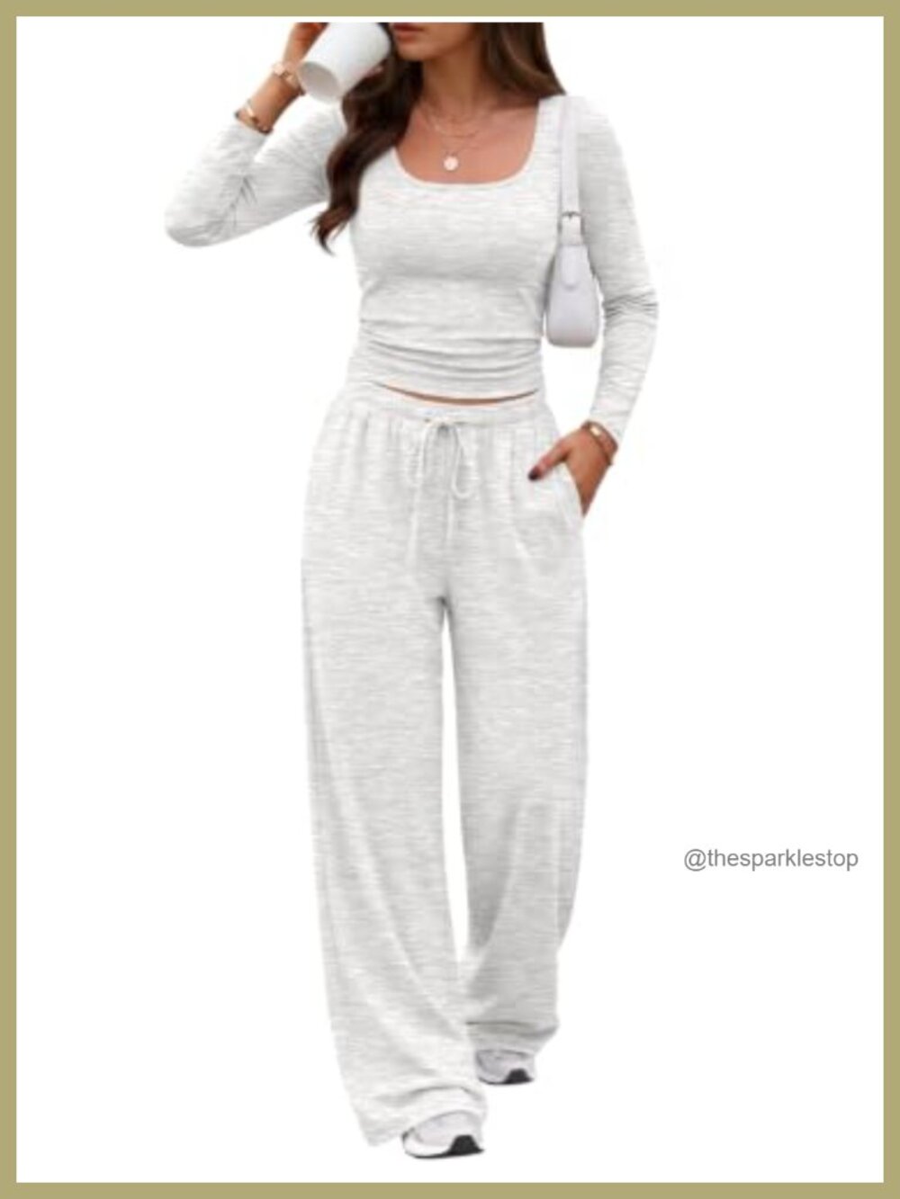 Women's 2-Piece Lounge Set Scoop Neck Crop Top Wide-Leg Pants Travel Outfit
